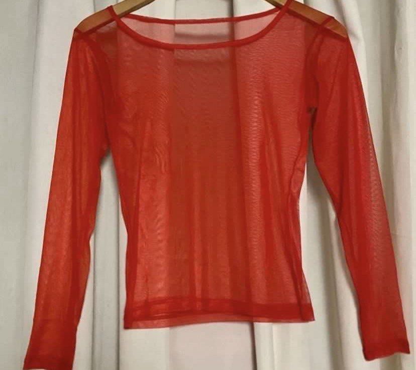 Red Mesh Sheer Longsleeve Top (Category: Shirts) located in Caloocan City. Submitted by declutteringph. (Listing ID 1468216075, Image 2). Description: No Size on the tag! Dimensions: (inches) Shoulder width: 15.5” Bust width: 17” - 19” Body Length: 20” Sleeves Length: 21.5” .