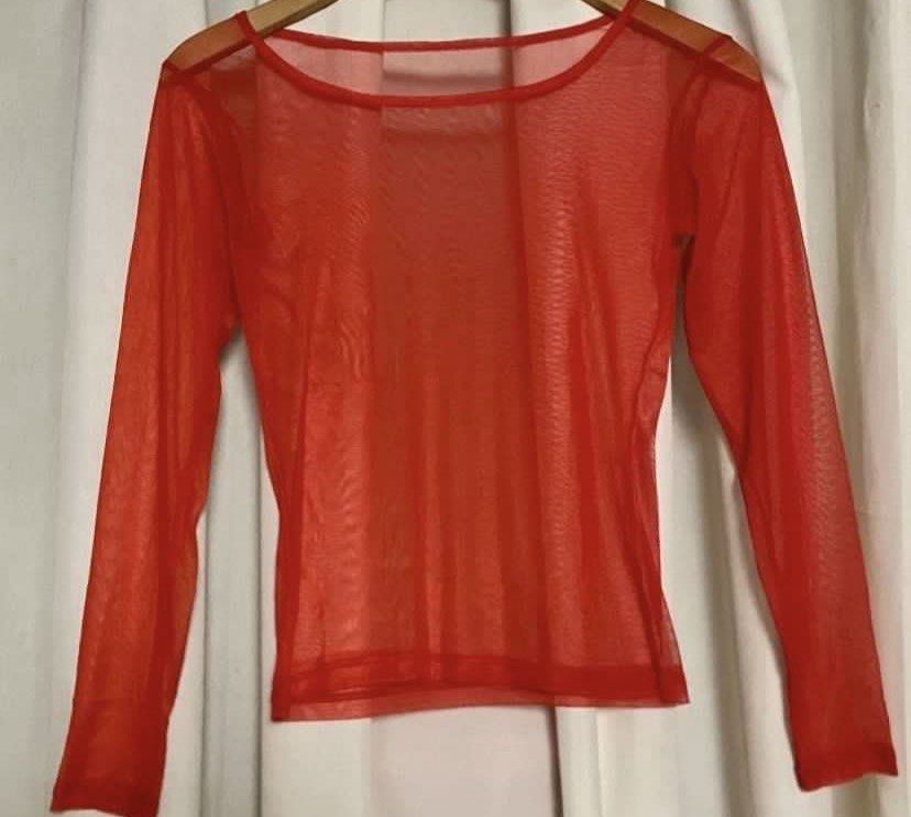 Red Mesh Sheer Longsleeve Top (Category: Shirts) located in Caloocan City. Submitted by declutteringph. (Listing ID 1468216075, Image 3). Description: No Size on the tag! Dimensions: (inches) Shoulder width: 15.5” Bust width: 17” - 19” Body Length: 20” Sleeves Length: 21.5” .