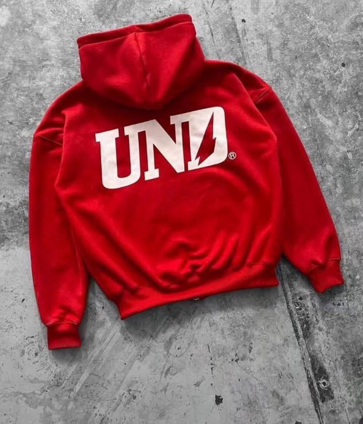 Red UNDZ Full-Zip Hoodie (Category: Hoodies) located in Manila. Submitted by psgarchives (Listing ID 1468191979, Image 2). Description: - Color: Bright red with white chest and back graphics - Material: Heavy, cozy fleece for ultimate warmth - Features: Full-length front zipper, spacious hood, and roomy front pockets - Details: Ribbed cuffs and hem to lock in heat - Condition: Clean fabric, highly comfortable for daily wear.