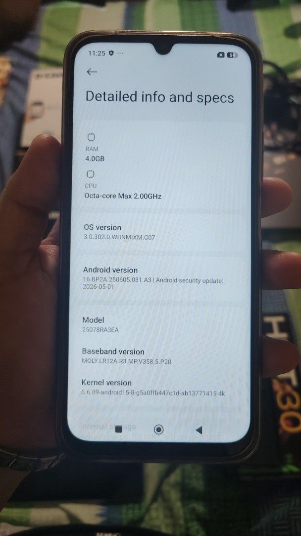 Redmi (Category: Xiaomi) located in San Jose del Monte. Submitted by nclplcnt (Listing ID 1468068794, Image 3). Description: - Brand/Model: Redmi smartphone running Xiaomi HyperOS - Storage & Memory: 128GB internal storage and 4GB RAM - Performance: Octa-core processor (Max 2.00GHz) - Condition: Pre-loved in Layered Condition 4 - Included Accessories: Original 33W fast charger and USB-C cable - powerbank 20,000mah - phone stand -tabley real me (n