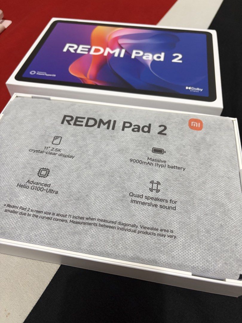 Redmi Pad 2 - 11 inches (Category: Android) located in Quezon City. Submitted by jaypeem (Listing ID 1468213067, Image 1). Description: Redmi Pad 2 Color: Lavander Screen size: 11 inches Memory and Storage: 4GB expandable Virtual RAM, 128gb Storage Condition: all working, no issues, light scratch around charger port, very minimal dent (very unoticable - see pics) Package: Complete - Unit, Box, Charger and Cable, Manuals COP available, Meetup arou