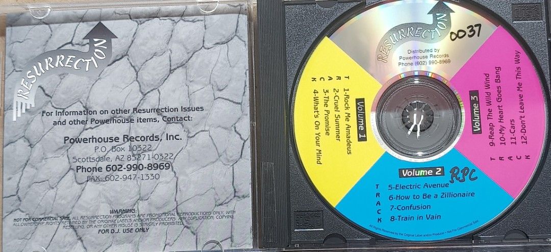 Resurrection 3 Volumes on 1 CD Compilation Promo Disc (Category: CDs & DVDs) located in Manila. Submitted by ruelcabrer77078 (Listing ID 1468207867, Image 3). Description: - Rare promo CD compilation by Powerhouse Records (Scottsdale, Arizona) - Collects 3 volumes of iconic 80s hits including Falco (Rock Me Amadeus), New Order (Confusion), and The Clash (Train in Vain) - Packed with DJ-friendly intros, breaks, and BPM details - Promotional item, 
