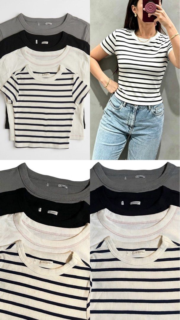 Ribbed Short Sleeve T-Shirt Basic Stripe Grey Black White (Category: Shirts) located in Las Pinas. Submitted by dreas.thrift (Listing ID 1468202283, Image 1). Description: available size and color: — Striped (xs) (medium) — Black (medium) — Gray (large).