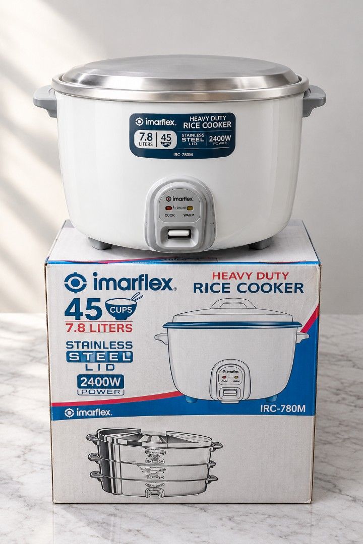 Rice Cooker Large Size/Heavy duty (Category: Cookers) located in Caloocan City. Submitted by liveeagle-33cf (Listing ID 1462944115, Image 1). Description: - Imarflex Heavy Duty Rice Cooker - Large Capacity: 45 cups / 7.8 Liters - Durable Stainless Steel Lid - Powerful 2400W Heating Element - Includes Measuring Cup and Spatula - Cool Touch Handles for Safe Operation - Ideal for Large Families and Everyday Use -With warranty at SM Appliances Nego- 