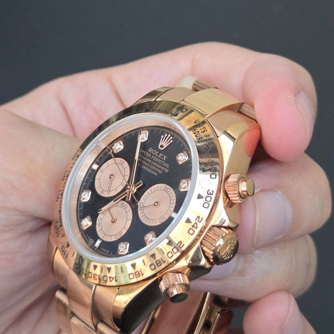 Rolex Daytona Rose Gold (Category: Luxury Watches) located in San Juan City. Submitted by flipandfind (Listing ID 1468254880, Image 1). Description: For Sale Rolex Cosmograph Daytona Rose Gold - watch only - well used, sold as is - has scratches and signs of usage - check detailed photos for the condition P 12000 negotiable.