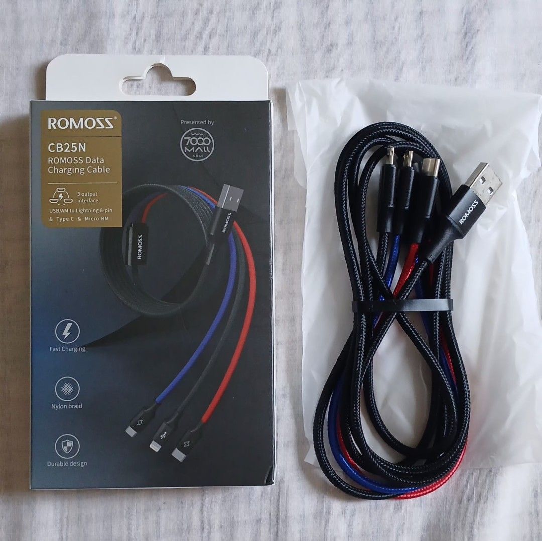 ROMOSS CB25N Data Cable Charging Cable 3 Output Interface (Category: Chargers & Cables) located in Bocaue. Submitted by rarestar.07ba01 (Listing ID 1468095208, Image 2). Description: ROMOSS CB25N Data Cable Charging Cable 3 Output Interface - Lightning 8 pin - Type C - Micro Interface USB-A/M Interface.