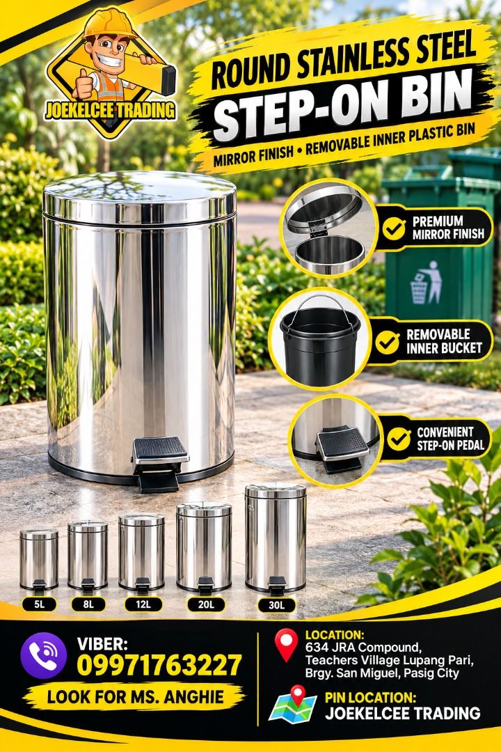 ROUND STAINLESS STEEL STEP ON BIN (Category: Waste Bins & Bags) located in Caloocan City. Submitted by epicdragon.cf8b55 (Listing ID 1468126165, Image 1). Description: ROUND STAINLESS STEEL STEP ON MIRROR FINISH CONTAINER WITH INNER PLASTIC BIN JUST CALL US / Pm me for more info. -09971763227 LOOK FOR : Angelina Address: 634 JRA COMPOUND LUPANG PARI SAN MIGUEL PASIG CITY WEBSITE: http://jocelynesidera30.wibsite.com/joekelceetrading email: [hidden