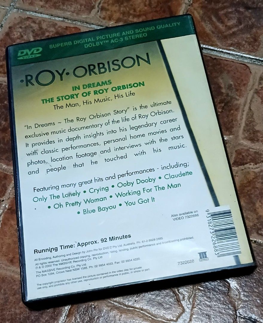 Roy Orbison In Dreams DVD Documentary (Category: CDs & DVDs) located in Quezon City. Submitted by dancatz (Listing ID 1468070730, Image 3). Description: □ P 250.00 - Title: In Dreams: The Story of Roy Orbison (DVD) - Content: Explores his legendary life, music career, and exclusive musician interviews - Featured Hits: Includes Only The Lonely, Crying, and Oh Pretty Woman - Format: PAL compatible, 92 minutes running time - Condition/Packaging: Dis