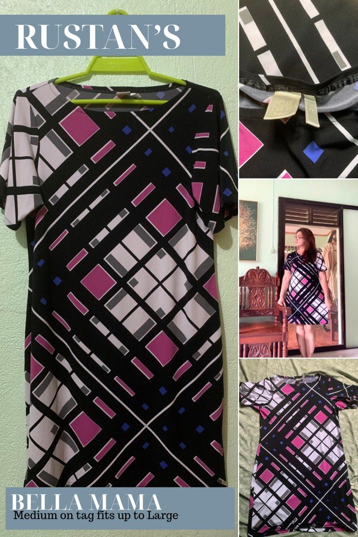 Rustan’s Belle Moda Geometric Print Dress (Category: Dresses) located in Camalig. Submitted by ryrilim (Listing ID 1467393284, Image 1). Description: This item is a short-sleeve geometric graphic print dress from the brand Belle Moda, typically available through premium department stores like Rustan’s. The design features a bold, abstract grid pattern composed of striking pink, black, white, gray, and small blue accents layered diagonally across 