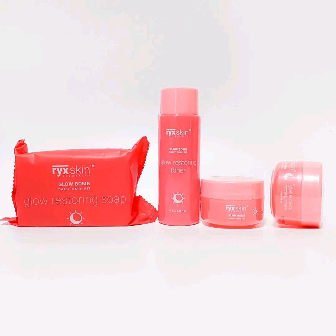 Ryxskin Glowbomb Set (Category: Face Care) located in Manila. Submitted by jadrianzen (Listing ID 1468215710, Image 3). Description: KNOW YOUR SKIN. GLOW BETTER. 💖 Healthy looking skin starts with understanding what it truly needs. Choosing the right routine makes a big difference, but real results come from proper use and consistency. With the RyxSkin Glow Bomb Set, patience is part of the process. There is no instant transformation because act