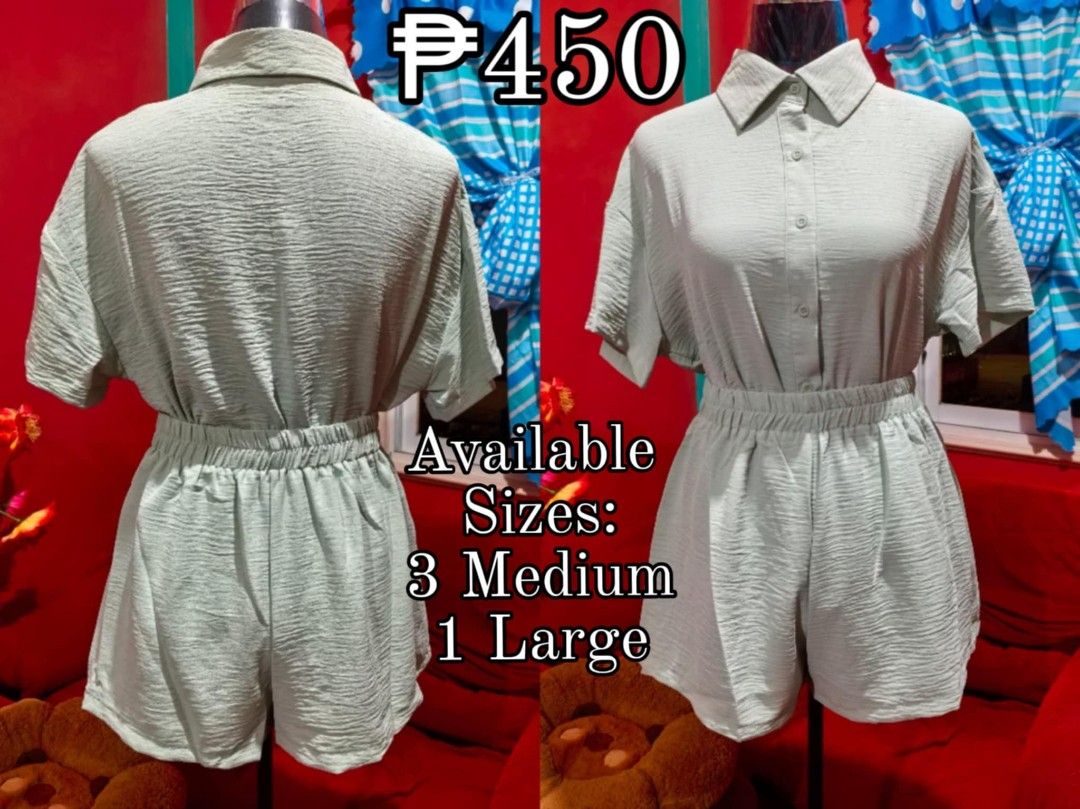 Sage Green Button-Down Short Set (Category: Sets or Coordinates) located in Samboan. Submitted by stephie_89 (Listing ID 1468219539, Image 1). Description: - Color: Sage Green - Set includes: Short-sleeve button-down collared top and matching shorts - Material: Comfortable textured crinkle fabric - Fit: Elastic waistband on shorts for easy wear - Sizes available: Medium and Large - Best for: Daily errands, casual outings, or lounging at home.
