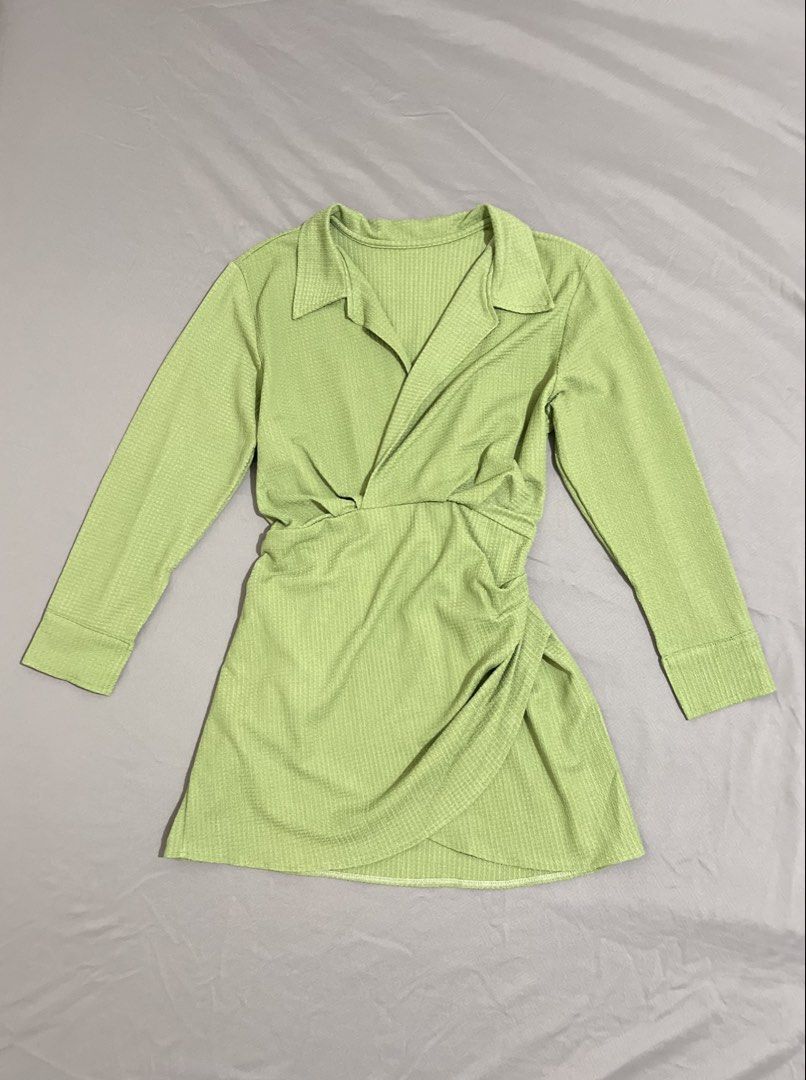 Sage Green Long Sleeve Wrap Mini Dress (Category: Dresses) located in Cainta. Submitted by periwinkle.ph (Listing ID 1468183449, Image 1). Description: Sage green ribbed mini dress with long sleeves. Collar neck design with a crossover wrap bodice and gathered skirt detail. Stretchy fabric, super comfortable fit. Great option for casual outings or dates. Worn only a few times, still in very good condition..