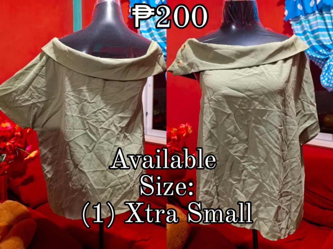 Sage Green Off-Shoulder Top Xtra Small (Category: Blouses) located in Samboan. Submitted by stephie_89 (Listing ID 1468223829, Image 1). Description: - Color: Sage Green - Size: Fits Extra Small (XS) frame - Style: Off-shoulder with foldover collar and short sleeves - Details: Cute buttons on one shoulder - Fit: Relaxed and easy to match with jeans or skirts - Price: ₱200 only.
