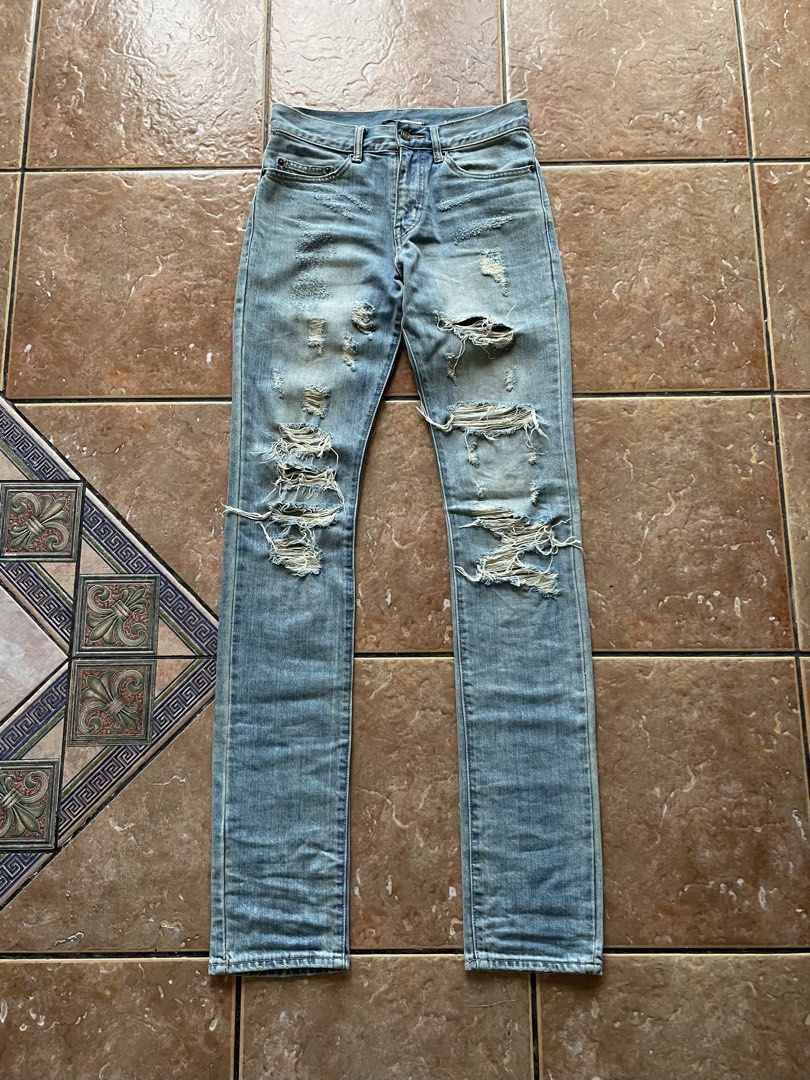Saint Laurent Paris 2014 Crash Denim (Category: Jeans) located in Mandaluyong City. Submitted by userladiesman217 (Listing ID 1468141594, Image 1). Description: Saint Laurent Paris 2014 Crash Denim Jeans Waist: 28 Rise: 9.5 Thigh: 9.5 Length: 44 Hem: 6.5 Very beautiful wash and distressing Hedi Slimane Slim Rockstar silhouette Price still negotiable just offer #SaintLaurentParis #HediSlimane #Archive #Ballhog.