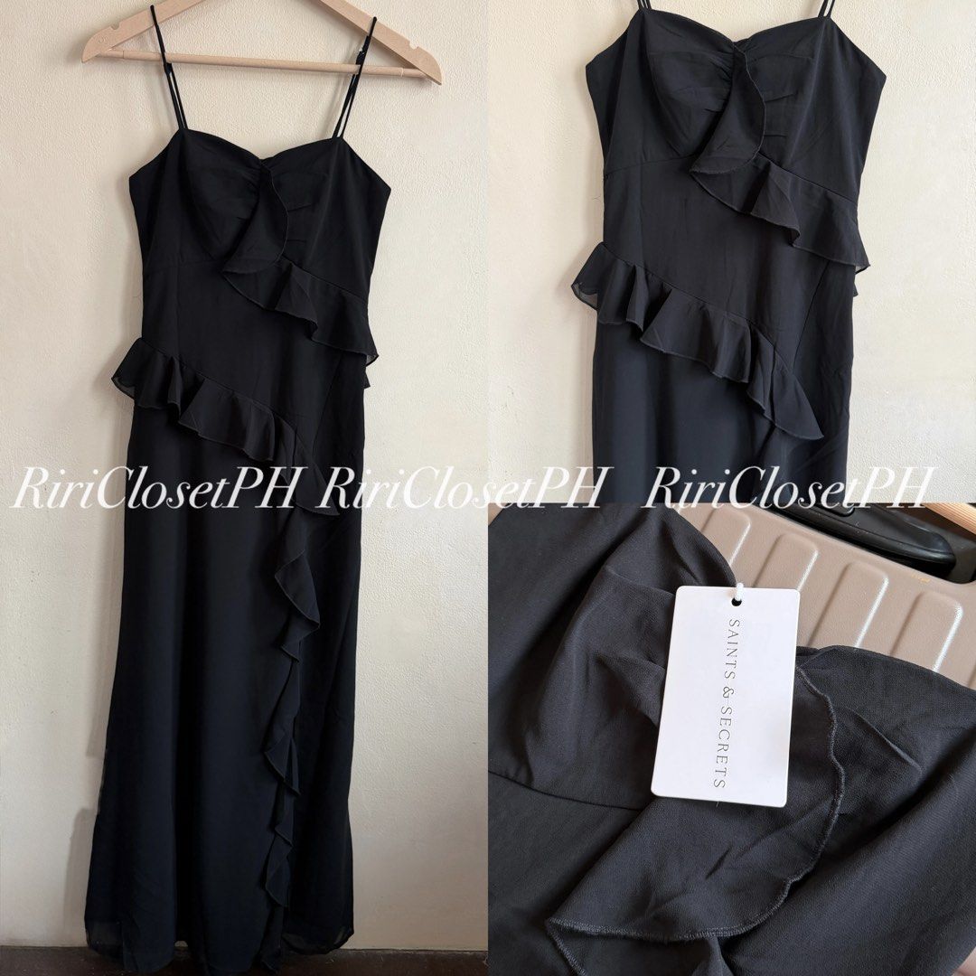Saints & Secrets Black Ruffle Midi Dress (Category: Dresses) located in Cebu City. Submitted by iamrixi (Listing ID 1468128772, Image 1). Description: Brand: Saints & Secrets Size: Aus 6 (Bust: 30-32 | Size: 24-26) No when worn|cancellation|return MOP: Bank or Gcash Shipping: J&T 1 day reservation only 📍Cebu City.