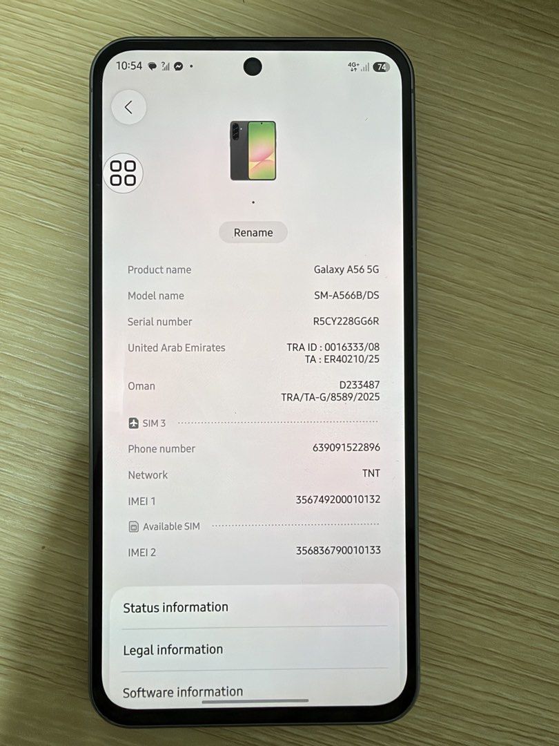 Samsung A56 5g (Category: Samsung) located in Manila. Submitted by kainahhbb (Listing ID 1468239645, Image 1). Description: Reposting :) RUSH Lp na to. No more haggling pls No issue, signs of usage lng sa screen(onting gasgas) since matagal natanggal screen protector and d lang din nagagamit Bought from middle east 14k above to sa mga cellphone shop 😙.