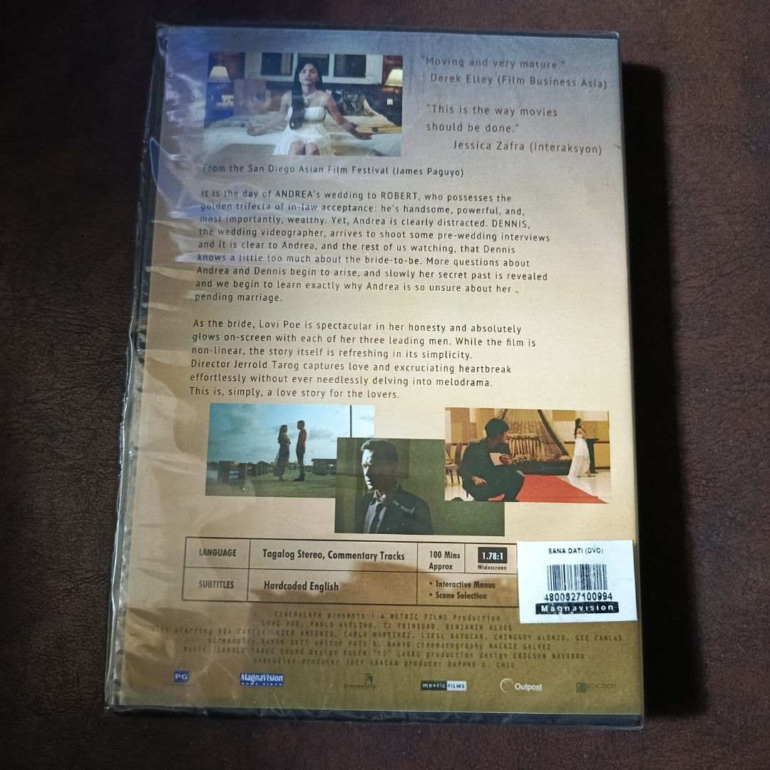Sana Dati (2013) DVD FOR SALE (Category: CDs & DVDs) located in Makati City. Submitted by pedro_evangelista (Listing ID 1468148976, Image 2). Description: MEET-UPS: Waltermart Makati, Makati Central Square SHIPPING: LBC COP/JRS EXPRESS/LALAMOVE (c/o buyer) MOP: GCash, GOTyme Bank Sana Dati (2013) Director: Jerrold Tarog. Cast: Lovi Poe, Paulo Avelino, TJ Trinidad, Benjamin Alves. P 200.00 Andrea Gonzaga is about to marry a man she doesn't love wh