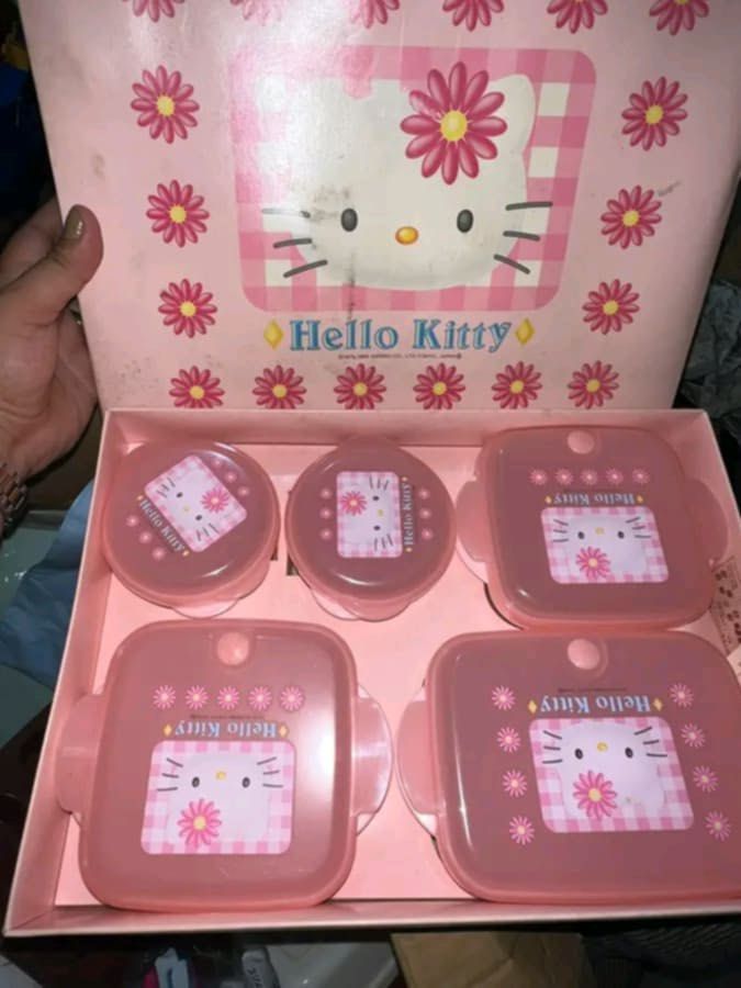 Sanrio Hello Kitty Pink Food Storage Container Box Set (Category: Food Organization & Storage) located in Manila. Submitted by janetecson05 (Listing ID 1468065212, Image 1). Description: - Complete Kitty pink food storage container set - Includes 5 containers of different shapes and sizes - Comes in a matching, gift-ready box - Features adorable floral patterns and Kitty face graphics on every lid - Perfect for daily meal prep, leftovers, or keep