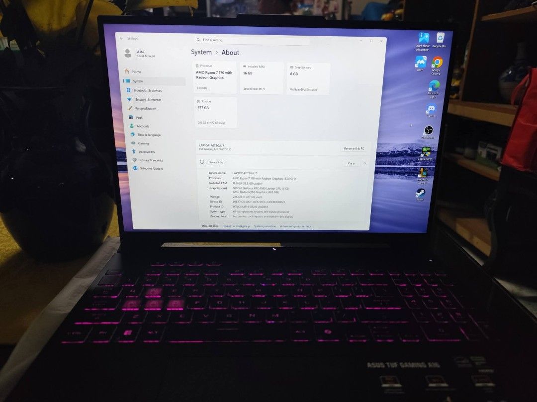 SELLING - ASUS TUF GAMING A16 (Category: Laptops & Notebooks) located in Manila. Submitted by aaronjobb22 (Listing ID 1468179932, Image 2). Description: FOR SALE (ASUS TUF GAMING A16) (ALMOST BRAND NEW) 2 months old - With box, receipts - With Razer mouse and TUF Laptop bag and Mousepad Halos kabibili lang at di gaano nagagamit See pictures for specs....