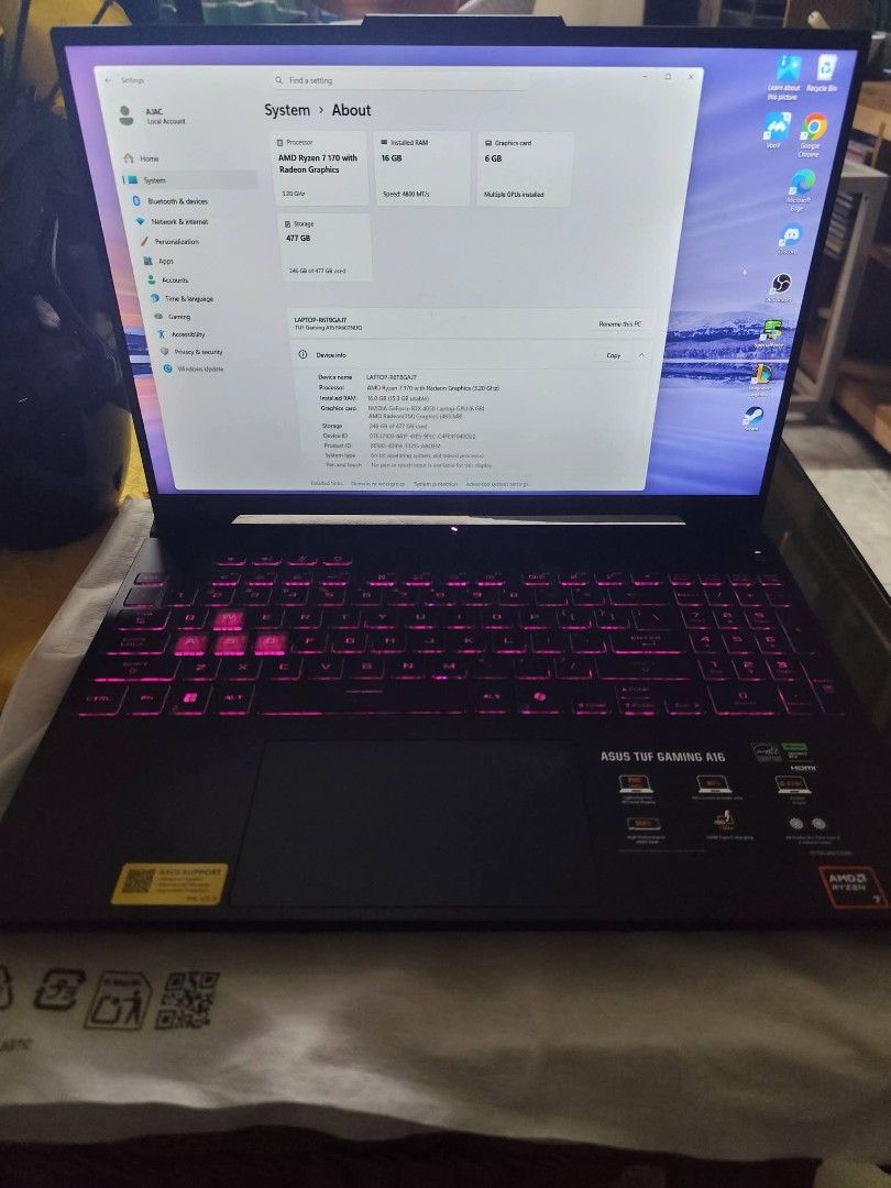 SELLING - ASUS TUF GAMING A16 (Category: Laptops & Notebooks) located in Manila. Submitted by aaronjobb22 (Listing ID 1468179932, Image 1). Description: FOR SALE (ASUS TUF GAMING A16) (ALMOST BRAND NEW) 2 months old - With box, receipts - With Razer mouse and TUF Laptop bag and Mousepad Halos kabibili lang at di gaano nagagamit See pictures for specs....