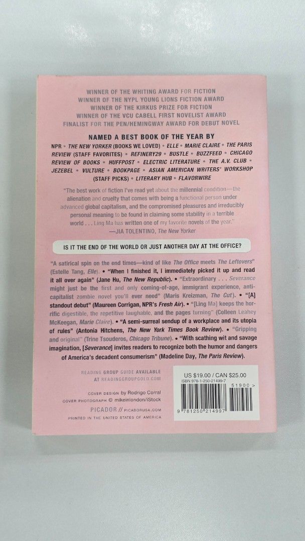 Severance by Ling Ma (Category: Storybooks) located in Pasig City. Submitted by funderW (Listing ID 1468173488, Image 2). Description: Condition: Great (Read once only) Genre: Fiction, Dystopia GoodReads Rating: 3.87 RFS: Decluttering Price is inclusive of the delivery fee if within Metro Manila. If location is outside MM, the delivery fee will be shouldered by the buyer. MOP: Gcash, GoTyme, Maribank MOD: J&T, Lalamove.