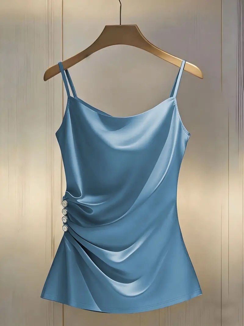 Shein Silk Satin Light Blue Cowl Neck Top (Category: Sleeveless) located in Binan City. Submitted by myprelovedhaul (Listing ID 1468070216, Image 2). Description: The image shows a light blue satin-style camisole featuring a cowl neckline, thin shoulder straps, side ruched detailing, and decorative buttons along the gathered side seam. Similar styles are commonly found on online retailers like Temu and SHEIN as ruched or pleated cami tops with bu