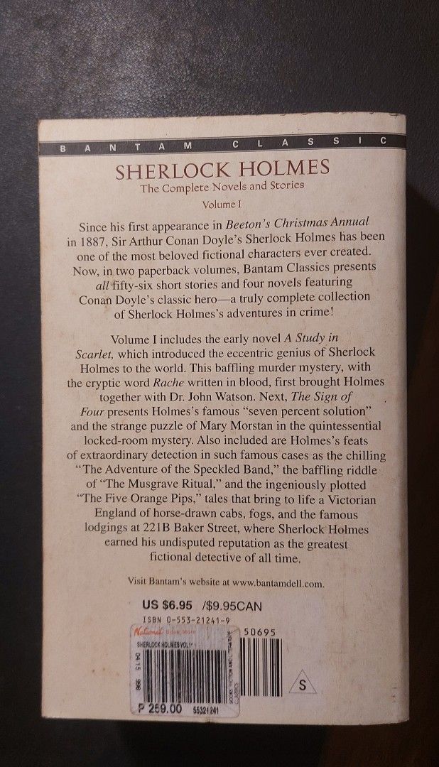 Sherlock Holmes Volume I (Category: Storybooks) located in Santa Rosa. Submitted by salicon (Listing ID 1468093425, Image 2). Description: Title: Sherlock Holmes Volume I by Sir Arthur Conan Doyle Bantam Classic Paperback Complete Collection A Study in Scarlet, The Sign of Four, and classic short stories no issue negotiable.