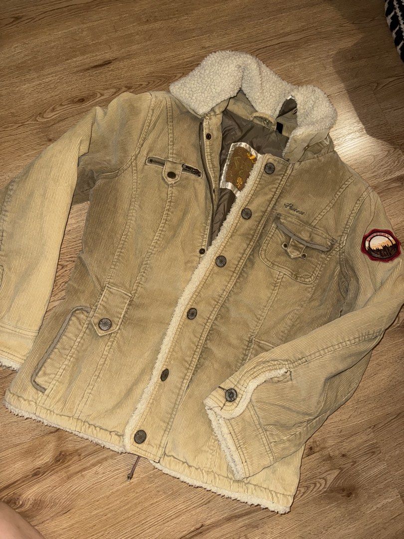 SHERPA-LINED CORDUROY JACKET (Category: Coats, Jackets and Outerwear) located in Las Pinas. Submitted by coolthreadz (Listing ID 1468179022, Image 1). Description: 🧥 PROTEST SHERPA-LINED CORDUROY JACKET 🏷️ Design: Protest Vintage Corduroy Winter Jacket with Sherpa Collar 📏 Size: EU S / 36 (Fits Small) 🎨 Color: Beige / Tan / Khaki ✨ Details: * Cozy sherpa fleece-lined collar and interior fleece trim details * Durable ribbed corduroy outer shel