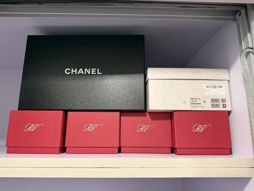 Shoe Boxes Chanel Ferragamo Jimmy Choo (Category: Sneakers & Footwear) located in Makati City. Submitted by monkeykingo (Listing ID 1467718691, Image 1). Description: - Authentic empty luxury shoe boxes - Brands included: Chanel, Salvatore Ferragamo, Jimmy Choo, and Roger Vivier - Clean and well-kept condition - Ideal for walk-in closet storage, organization, or display - Available for purchase as a complete bundle or as individual pieces - P 200