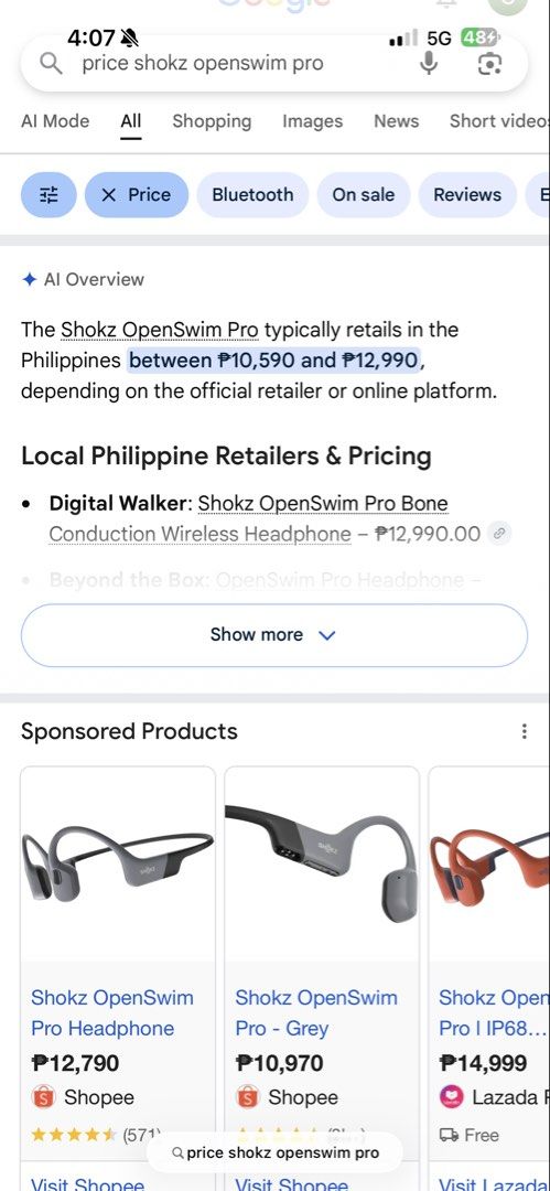 Shokz OpenSwim Pro Bone Conduction Headphones (Category: Headphones & Headsets) located in Taguig. Submitted by seffymarie (Listing ID 1468279110, Image 2). Description: SHOKZ OPENSWIM PRO Selling Price: ₱6,500 (Negotiable) * Very good condition * Includes pouch, user guide, and ear muffs * Charger included (replacement charger, not original, but works perfectly) *with Warranty card Note: No original box or original charger. RFS: Decluttering.