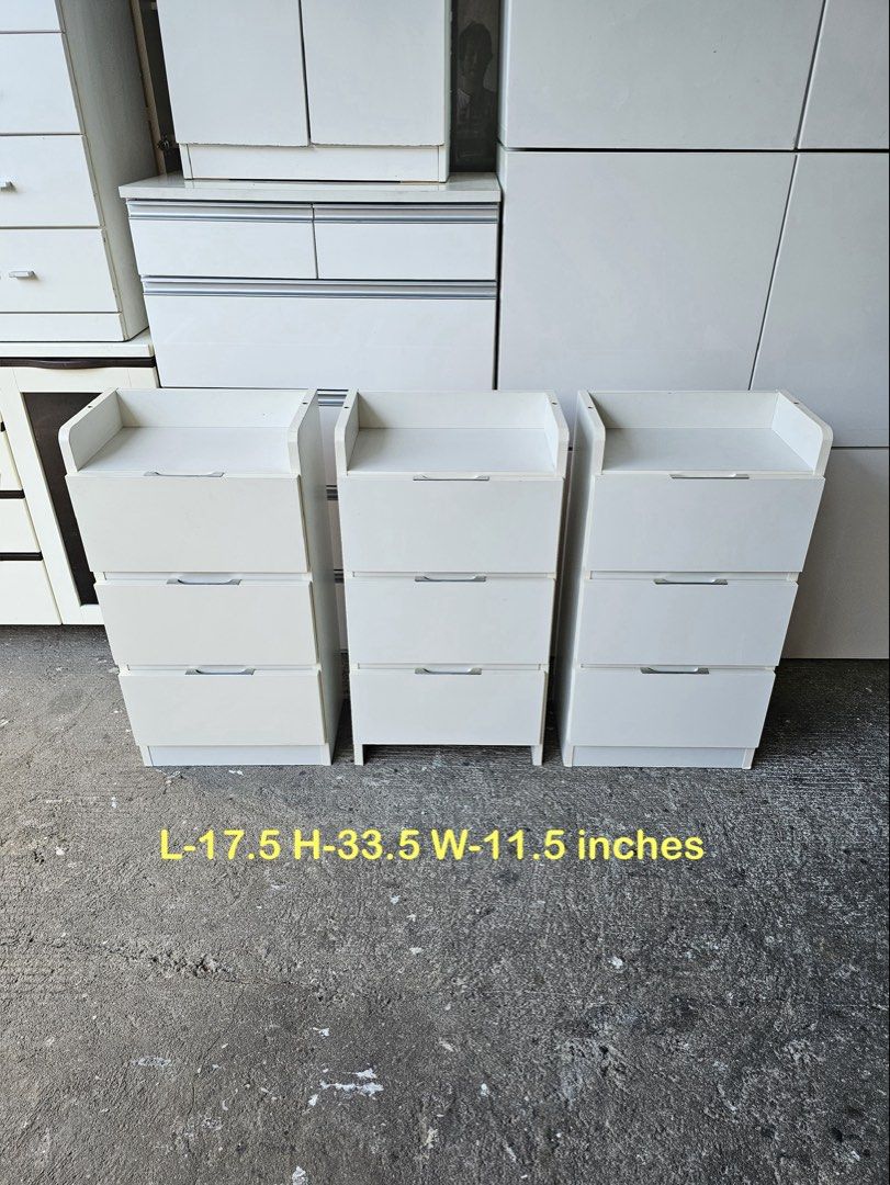Side Drawers (Category: Shelves, Cabinets & Racks) located in Quezon City. Submitted by ledamadel (Listing ID 1468060492, Image 1). Description: Side Drawers ‼️₱2,800 each‼️ ✔️ L-17.5 H-33.5 W-11.5 inches 📐 ✔️3 Drawers 🗄 ✔️Compress & Plywood Back 🪵 ✔Scratches As-is! 👌 Location: 40 Aplaya St Napocor Vill. Tandang Sora Quezon City. For inquiry please Pm us or Call. 09066885859 Please like our page thanks! 👇👇👇👇 KMA O’shop #japansurplus #kmao