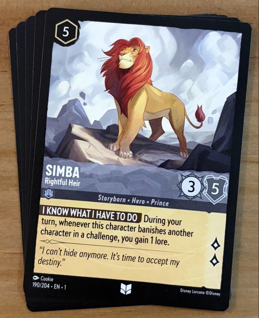 Simba - Rightful Heir | Disney Lorcana Cards ~ The First Chapter (Category: Raw Singles) located in Makati City. Submitted by cardlab (Listing ID 1468075367, Image 1). Description: Items are 💯 authentic/original/legit. About The Card: •Language: EN • Number: 190/204 • Uncommon • Normal FOR: • Cards ₱99 and below with Card Sleeves • Cards ₱100 and up with Card Sleeves and Used Toploader • ₱10 for Bnew Tops Packaging (If Shipping): ✔️ Plastic cove