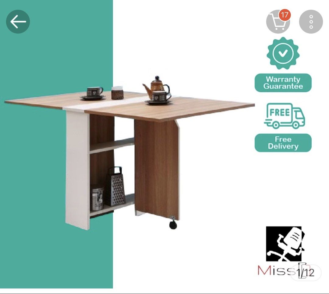 Smart Foldable Dining Table Extendable Kitchen Table (Category: Tables & Sets) located in Singapore. Submitted by rachel-sale (Listing ID 1468204921, Image 1). Description: - Space-saving foldable dining table with built-in storage shelves underneath - Easily transforms: fully closed console, half-opened, or fully open dining setup - Smooth rolling wheels for effortless mobility around the house - Stylish wooden tabletop finish with a clean white