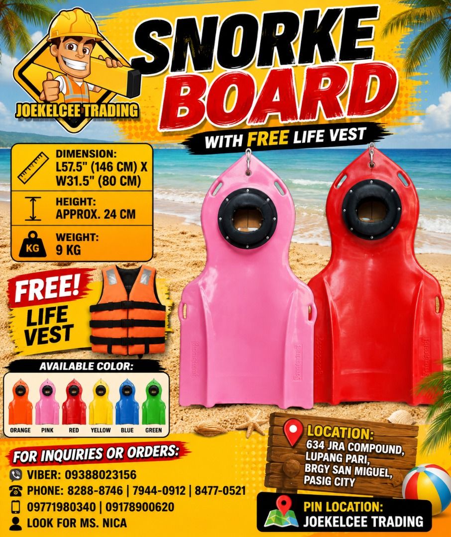 SNORKE BOARD (Category: Water Sports) located in Caloocan City. Submitted by Ava_broklyn8888 (Listing ID 1468132556, Image 1). Description: SNORKE BOARD With free life vest DIMENSION: L57.5 X (146CM) W31.5 (80 CM HEIGHT: Approx 24cm WEIGHT: 9Kg.