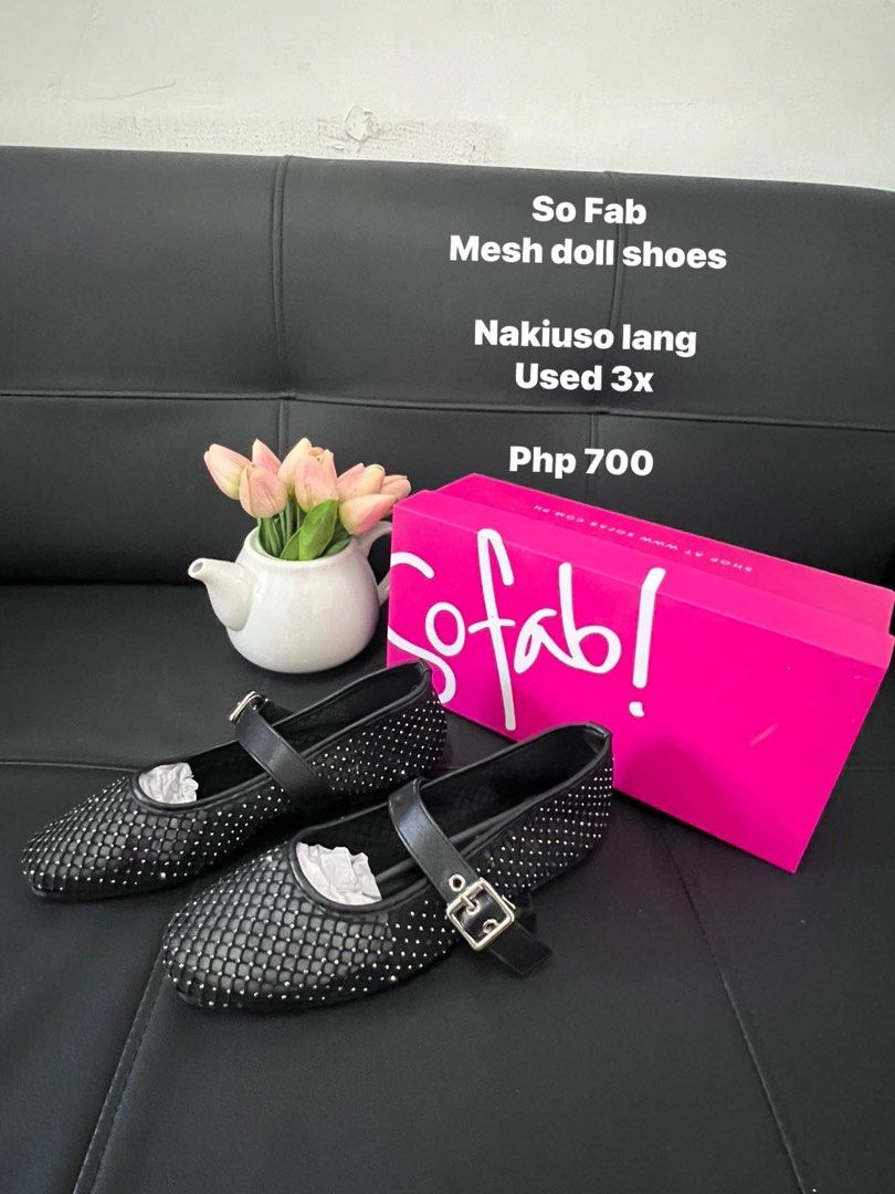 So Fab Mesh Doll Shoes Black Size 36 (Category: Flats & Sandals) located in Manila. Submitted by nuttshellw52293 (Listing ID 1468108838, Image 1). Description: - Brand: So Fab (bought from SM Store) - Size: 36 - Style: Black mesh Mary Jane doll shoes with buckle closure - Details: Sparkling rhinestone embellishments all over the upper - Condition: Used only 3 times, soles in excellent/great shape - Inclusion: Original bright pink So Fab box inclu