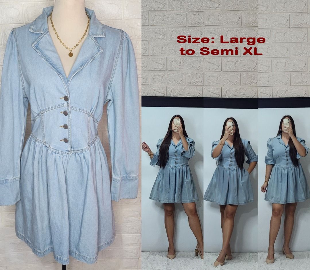 Soft Denim Structured Dress (Category: Dresses) located in Quezon City. Submitted by graciejosue (Listing ID 1468084181, Image 1). Description: Rare piece apparel at a very reasonable price and great condition!!! Washed and ready to wear. - Style: Light wash denim dress with long sleeves and collared neckline - Design: Fitted waist panel, front button closure, and a flattering flared skirt - Size: Fits Large to Semi-XL - Occasion: Versatile piece