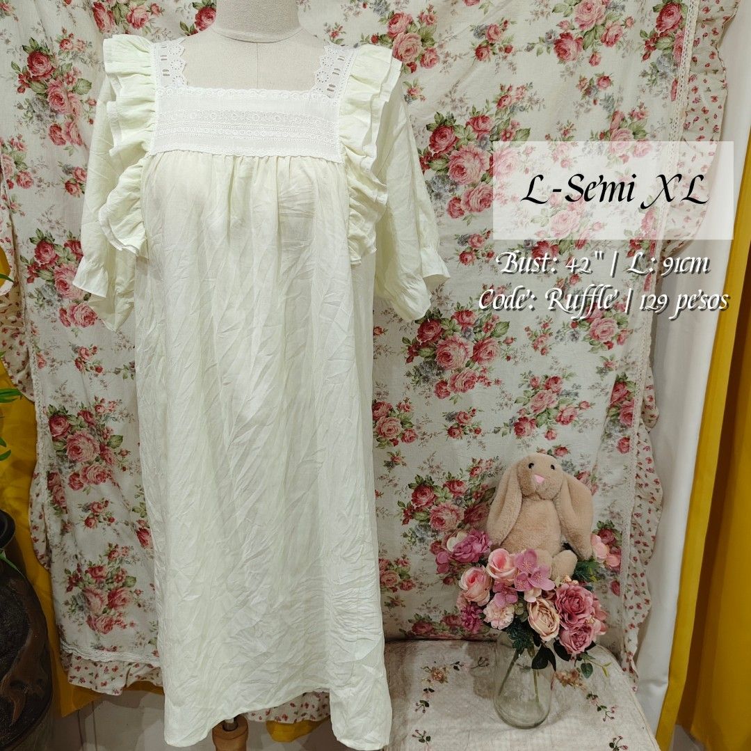 Soft Ruffle Sleepwear Dress (Category: Undergarments & Loungewear) located in Cabanatuan. Submitted by curated_cozy (Listing ID 1468188897, Image 1). Description: Thrifted! Size: L-Semi XL Bust: 42" Length: 91cm -Lightly Washed -Payment thru Gcash, Gotyme, MariBank -Shipping via J&T -Buyer shoulders Shipping Fee ‼️No Rush Order‼️ [SKU: SWD6].