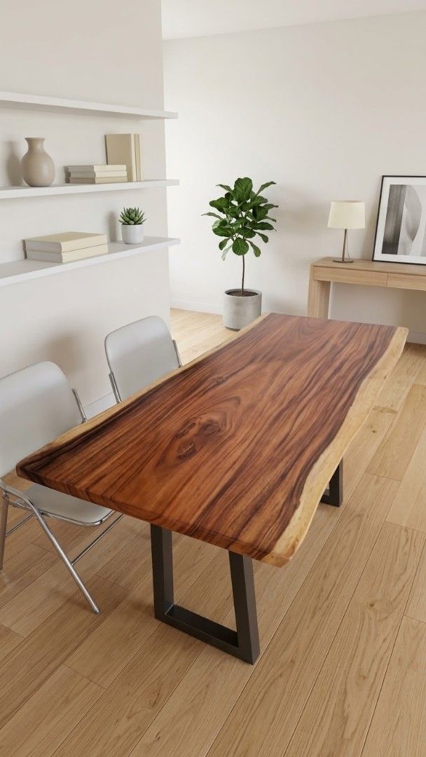 Solid Wood Live Edge Dining Table with Metal Legs (Category: Tables & Sets) located in Quezon City. Submitted by sebastianjay22 (Listing ID 1468154642, Image 1). Description: 6seater dining table. Gcash on delivery onhand - Style: Modern rustic live edge dining table - Tabletop: Heavy solid wood slab with rich brown grain and natural curves - Finish: Smooth surface highlighting the natural wood details - Base: Sturdy black metal U-shaped legs - C