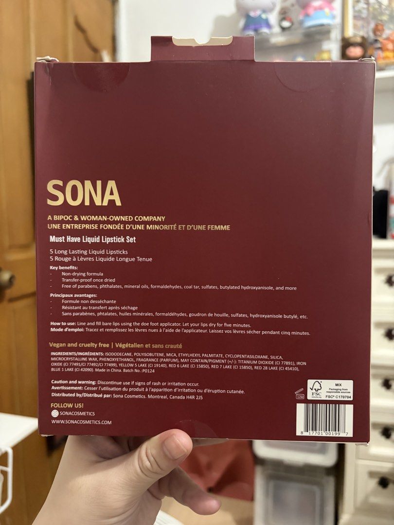 SONA Must Have Liquid Lipstick Set - 5 Shades (Category: Makeup) located in Valenzuela. Submitted by shopevrday (Listing ID 1468203415, Image 2). Description: - Brand new, unopened SONA Cosmetics liquid lipstick set (but box is has some small dents here and there) - Includes 5 stunning shades: Sacred, Mood, Sweet, Sugar, and Love - Long-lasting and transfer-proof once dry - Comfortable, non-drying formula for all-day wear - 100% Vegan and Cruelty