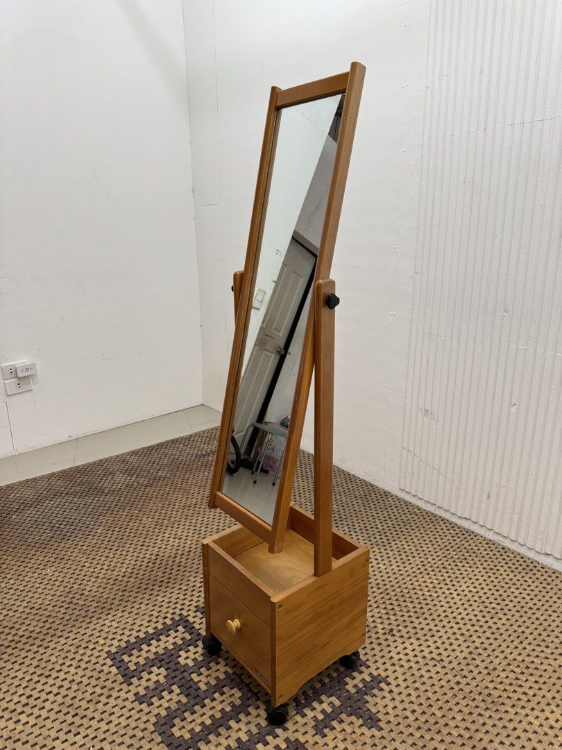 Stand Mirror (Category: Mirrors) located in Quezon City. Submitted by matetdevis13 (Listing ID 1468236664, Image 3). Description: FUKUDA CRAFT Vintage Wooden Standing Whole Body Mirror with Drawer and Roller Price: 4,900 L12 x H55 In good condition Code JMD20-M511.