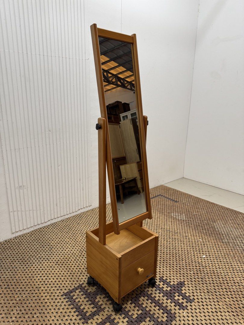 Stand Mirror (Category: Mirrors) located in Quezon City. Submitted by matetdevis13 (Listing ID 1468236664, Image 2). Description: FUKUDA CRAFT Vintage Wooden Standing Whole Body Mirror with Drawer and Roller Price: 4,900 L12 x H55 In good condition Code JMD20-M511.