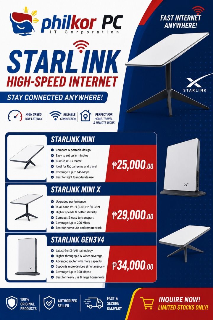 Starlink High-Speed Internet Kit Mini Mini X Gen3V4 (Category: Networking) located in Quezon City. Submitted by coolriver_0453b2 (Listing ID 1468068306, Image 1). Description: - 100% Original Starlink units from an authorized seller - Available models: Starlink Mini, Starlink Mini X, and Starlink Gen3V4 - High-speed internet up to 300+ Mbps with low latency - Compact, portable designs ideal for travel, remote work, RVs, camping, and homes - Fast 