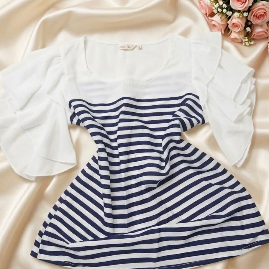 Striped babydoll top (Category: Blouses) located in Manila. Submitted by elyvelleee (Listing ID 1468254479, Image 1). Description: The cutest Korean-inspired striped babydoll top! 🎀🤍 Featuring a classic navy-and-white stripe pattern, a flattering flared silhouette, and statement ruffle sleeves. Perfect for a clean, classy, and feminine look. ♡ Timeless navy blue and white stripes ♡ Pretty layered ruffle sleeves ♡ Flowy, flattering babydoll silh