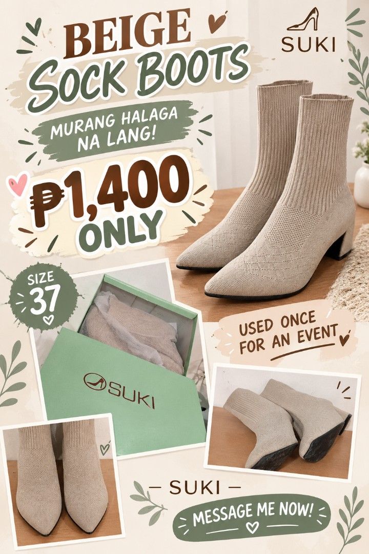 SUKI Beige Sock Boots Size 37 (Category: Boots) located in Manila. Submitted by avery1426 (Listing ID 1468100837, Image 1). Description: - Brand: SUKI - Color: Beige - Size: 37 - Condition: Like new (worn only once for a single event) - Design: Pointed toe with a comfortable block heel - Material: Stretchable knit fabric for a snug ankle fit - Inclusion: Comes with the original green shoebox.