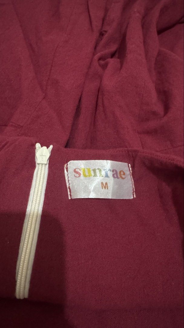 Sunrae Maroon Cami Dress Size M (Category: Dresses) located in San Fernando. Submitted by declotter (Listing ID 1468074464, Image 3). Description: - Brand: Sunrae - Size: Medium (M) - Color: Maroon - Style: Cami dress - Features: Adjustable thin straps, back zipper closure, hits above the knee - Condition: Great for casual days out or easy layering.