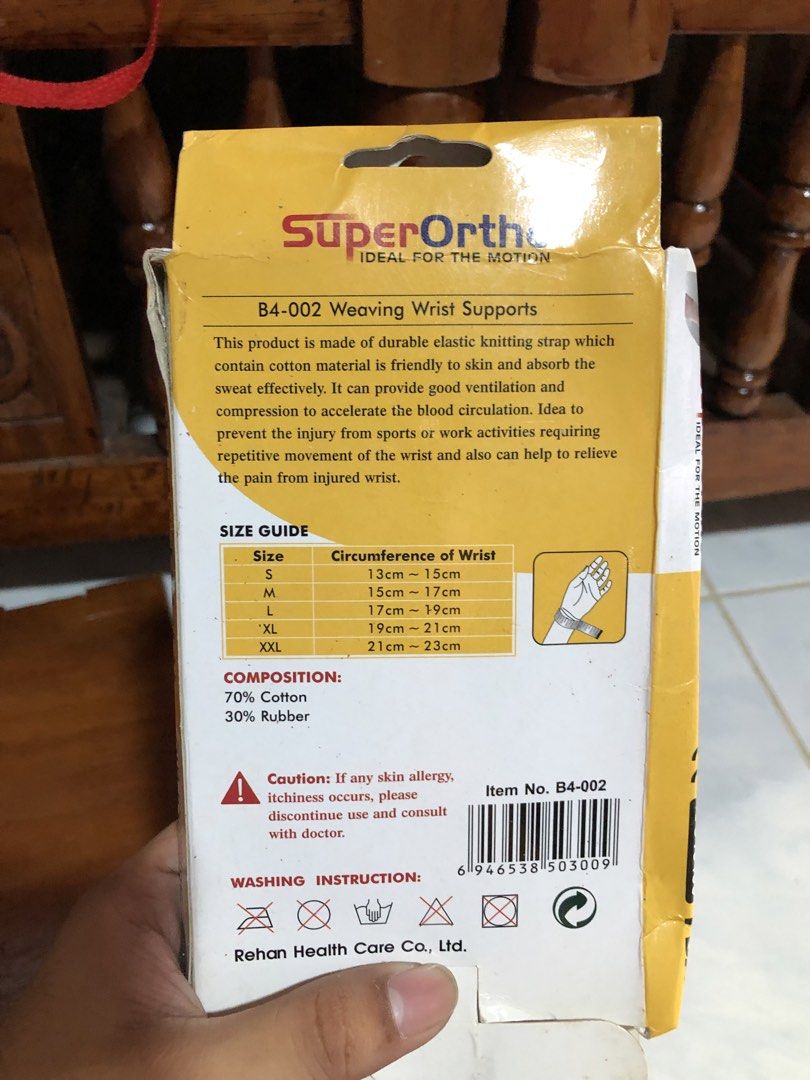 Super Ortho Wrist Support — B4-002 • Size M (Category: Medical Supplies & Tools) located in San Juan, La Union. Submitted by declutteringog7 (Listing ID 1468069337, Image 2). Description: 🦴 Super Ortho Wrist Support — B4-002 • Size M ₱150 Category: Health & Wellness > Medical Supplies Details: • ✅ Authentic Super Ortho — Model B4-002 • Size: M — fits wrist circumference 15–17cm • Breathable elastic knit — 70% Cotton / 30% Rubber • Provides gentl