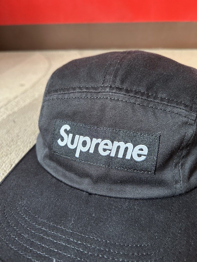 Supreme Black Camp Cap Box Logo (Category: Caps & Hats) located in Abucay. Submitted by stuttt (Listing ID 1468174366, Image 2). Description: - Brand: Supreme - Style: Classic camp cap with front box logo - Color: Versatile Black - Material: Premium cotton twill - Fit: Adjustable strap with buckle closure - Details: Made in USA tag inside, clean brim and overall shape - Condition: Great, solid streetwear piece ready to wear.