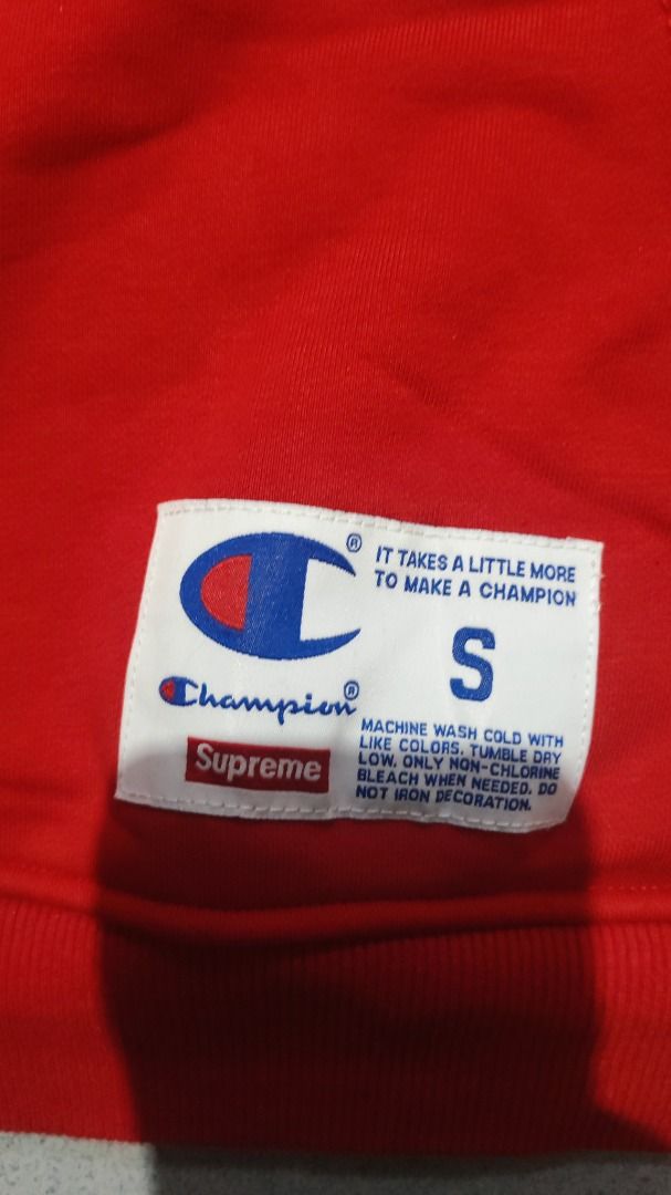 Supreme x Champion Red Hoodie Small (Category: Hoodies) located in Quezon City. Submitted by drift_and_vibe_thrift (Listing ID 1468060089, Image 3). Description: - Authentic Supreme x Champion collaboration - Color: Bright Red - Size: Small (S) - Bold white Champion text branding on the right sleeve - Signature co-branded woven patch and inner neck labels - Classic front kangaroo pocket and adjustable drawstring hood - 100% Legit, buy with confid