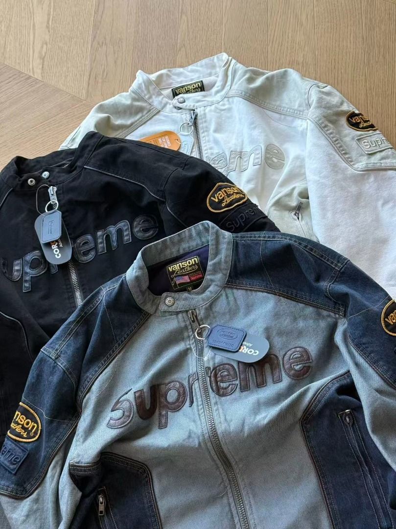 Supreme x Vanson Leathers Cordura Jacket (Category: Coats, Jackets and Outerwear) located in Quezon City. Submitted by grossoimor01025 (Listing ID 1468149361, Image 3). Description: - Supreme x Vanson Leathers collaboration jacket - Durable Cordura fabric construction - Full zip front closure - Leather Supreme logo applique across the chest - Vanson Leathers branding patches on sleeves and back - Tagged size M - Brand new with original tags still