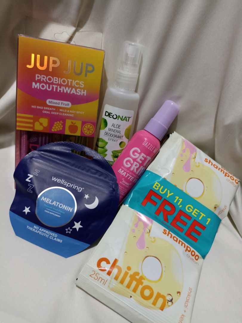 Take all BRAND-NEW AND SEALED (Category: Face Care) located in Pasay City. Submitted by mhy_closett (Listing ID 1468109638, Image 1). Description: - All-in-one personal care bundle featuring oral, skin, hair, and wellness essentials - Jup Jup Probiotics Mouthwash in refreshing mixed fruit flavor - Deonat Aloe Mineral Deodorant Spray for gentle, natural protection - Dazzle Me Get a Grip Matte Setting Spray to lock in your makeup all day - Wellspri